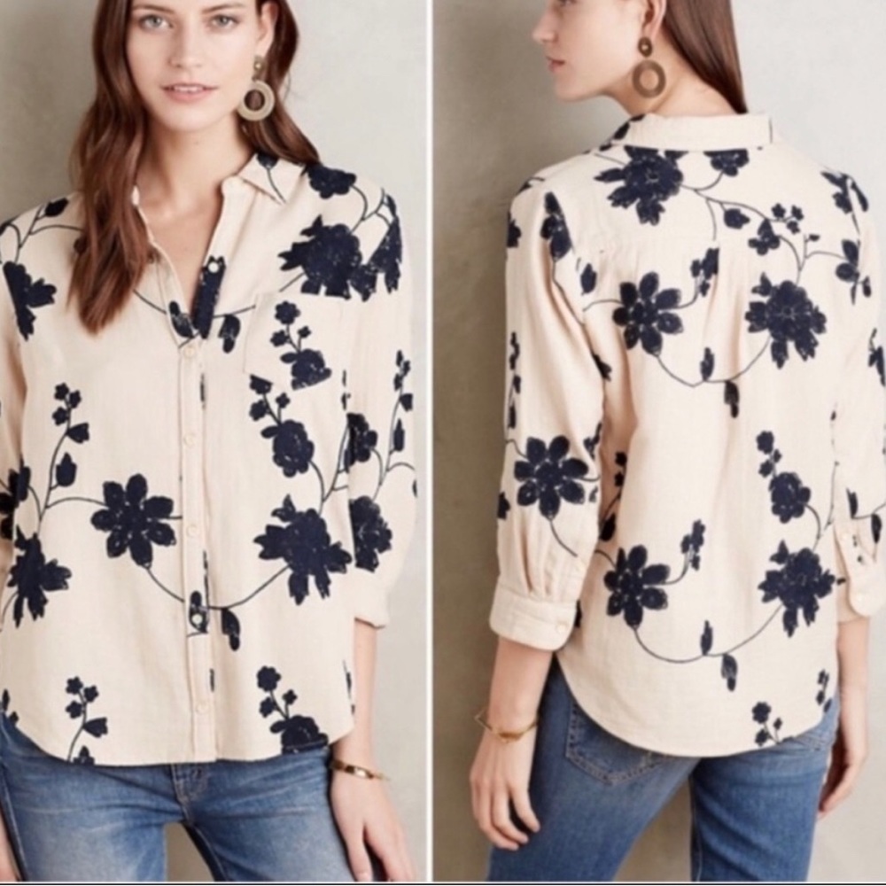 Anthropologie Isabella Sinclair Retro Floral Embroidered Button Up |M Cream/Navy